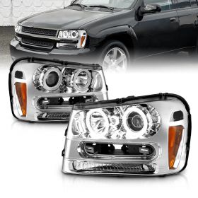 AmeriLite for 2002-2009 Chevy Trailblazer EXT Xtreme LED Halos Chrome Projector Replacement Headlights - Passenger and Driver Side