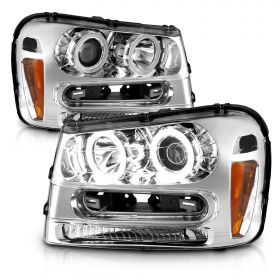AmeriLite for 2002-2009 Chevy Trailblazer EXT Xtreme LED Halos Chrome Projector Replacement Headlights - Passenger and Driver Side