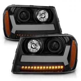 AmeriLite for 2006-2009 Chevy Trailblazer LT Models Plank LED Tube Projector Black Headlights Pair - Passenger and Driver Side