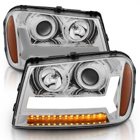 AmeriLite for 2006-2009 Chevy Trailblazer LT Models Plank LED Tube Projector Chrome Headlights Pair - Passenger and Driver Side