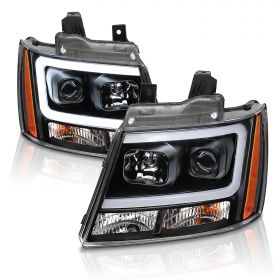 AmeriLite for 2007-2013 Chevy Avalanche Suburban Tahoe Super Bright LED Bar Projector Halogen Black Headlights Pair - Passenger and Driver Side