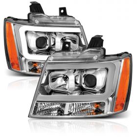 AmeriLite for 2007-2013 Chevy Avalanche Suburban Tahoe SUV Super Bright LED Bar Projector Chrome Replacement Headlights Pair - Left and Right Side