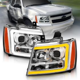 AmeriLite for 2007-2013 Chevy Avalanche/Suburban/Tahoe Switchback LED Turn Siganl Tube Chrome Projector Headlights Assembly Pair - Passenger and Driver Side
