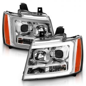 AmeriLite for 2007-2013 Chevy Avalanche/Suburban/Tahoe Switchback LED Turn Siganl Tube Chrome Projector Headlights Assembly Pair - Passenger and Driver Side
