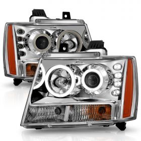 AmeriLite Chrome Projector Replacement Headlights LED Dual Halo For Chevy Tahoe/Suburban/Avalanche - Passenger and Driver Side