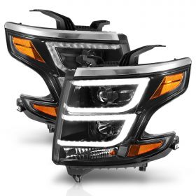 AmeriLite for 2015-2020 Chevy Tahoe Suburban Dual Crystal LED DRL Projector Black Replacement Headlights Set + Bulbs - Passenger and Driver Side