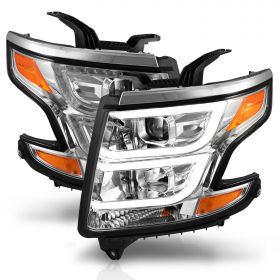 AmeriLite for 2015-2017 Chevy Tahoe Suburban Halogen Type Dual Crystal LED DRL Projector Chrome Headlights Set (Bulbs Included) - Passenger and Driver Side