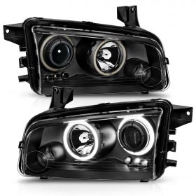 AmeriLite for 2006-2010 Dodge Charger Dual Xtreme LED Halo Rings Projector Black Replacement Headlights Set - Passenger and Driver Side