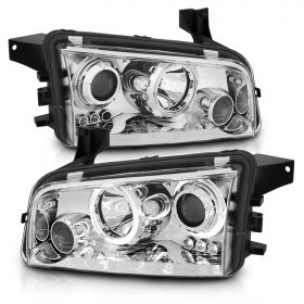 AmeriLite for 2006-2010 Dodge Charger Dual Xtreme LED Halo Rings Projector Chrome Replacement Headlights Set - Passenger and Driver Side