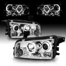 AmeriLite Chrome Dual LED Halo Projector Replacement Headlights Set For 06-10 Dodge Charger - Passenger and Driver Side