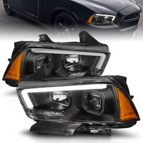 AmeriLite for 2011-2014 Dodge Charger LED Tube Square Projector Black Replacement Headlights Pair - Driver and Passenger Side