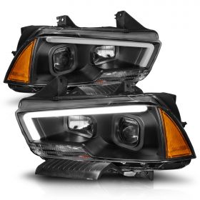AmeriLite for 2011-2014 Dodge Charger LED Tube Square Projector Black Replacement Headlights Pair - Driver and Passenger Side