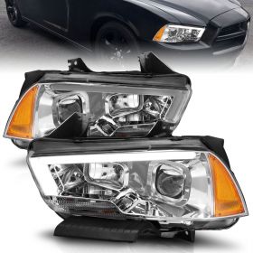 AmeriLite for 2011-2014 Dodge Charger LED Tube Square Projector Chrome Replacement Headlights Pair - Driver and Passenger Side