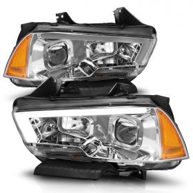 AmeriLite for 2011-2014 Dodge Charger LED Tube Square Projector Chrome Replacement Headlights Pair - Driver and Passenger Side