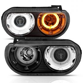 AmeriLite for 2008-2014 Dodge Challenger Halogen Type Dual Xtreme LED Halos Black Replacement Projector Headlights Pair - Driver and Passenger Side