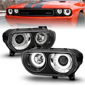 AmeriLite for 2008-2014 Dodge Challenger Dual Xtreme LED Halos Black Projector Replacement Headlights Assembly Set - Passenger and Driver Side