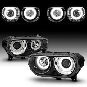 AmeriLite for 2008-2014 Dodge Challenger Dual Xtreme LED Halos Black Projector Replacement Headlights Assembly Set - Passenger and Driver Side
