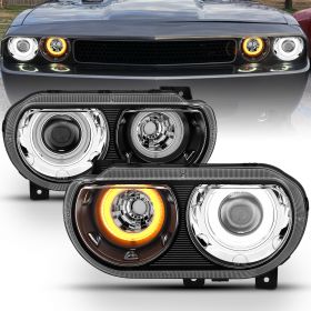 AmeriLite Black Replacement for 2008-2014 Dodge Challenger Xenon HID Type Dual Xtreme LED Halo Rings Projector Headlights Pair - Driver and Passenger Side