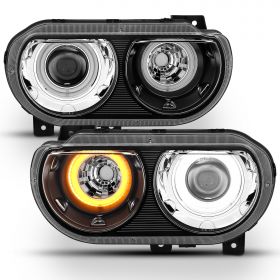 AmeriLite Black Replacement for 2008-2014 Dodge Challenger Xenon HID Type Dual Xtreme LED Halo Rings Projector Headlights Pair - Driver and Passenger Side