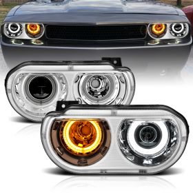 AmeriLite Chrome Replacement for 2008-2014 Dodge Challenger Halogen Type Dual Xtreme LED Halo Rings Projector Headlights Pair - Driver and Passenger Side