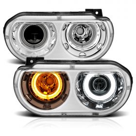 AmeriLite Chrome Replacement for 2008-2014 Dodge Challenger Halogen Type Dual Xtreme LED Halo Rings Projector Headlights Pair - Driver and Passenger Side