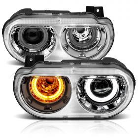 AmeriLite Chrome Replacement for 2008-2014 Dodge Challenger Xenon HID Type Dual Xtreme LED Halo Rings Projector Headlights Pair - Driver and Passenger Side