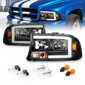 AmeriLite for Dodge 1997-2004 Dakota / 98-03 Durango C-Type LED Tube Black Replacement Headlight Set - Passenger and Driver Side