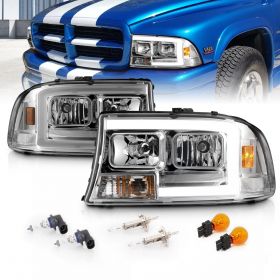 AmeriLite for Dodge 1997-2004 Dakota / 98-03 Durango C-Type LED Tube Chrome Replacement Headlight Set - Passenger and Driver Side