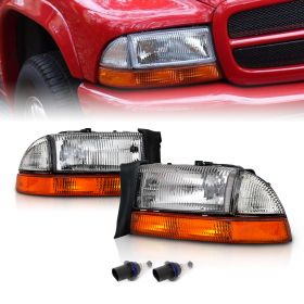 AmeriLite Chrome Headlights Parking Turn Signal Sets (4Pc) For Dodge Dakota / Durango (Pair) w/ Mounting Bracket
