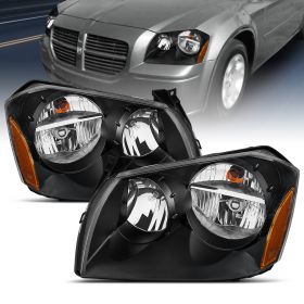 AmeriLite Black Replacement OE Headlights Set for 2005-2007 Dodge Magnum (Pair) High/Low Beam Bulb Included