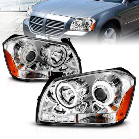 AmeriLite 2005 - 2007 Dodge Magnum Dual Twin Halo Projector LED Chrome Headlights Lamps