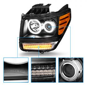 AmeriLite for 2007-2012 Dodge Nitro (KA) Xtreme LED Halos Turn Signal Black Projector Replacement Headlights Set - Passenger and Driver Side