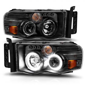 AmeriLite Black Dual LED Halo Rings Projector Replacement Headlights Pair for 2002-2005 Dodge RAM 1500 2500 3500 Truck - Passenger and Driver Side