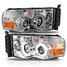 AmeriLite Crystal Chrome Dual LED Halo Rings Projector Replacement Headlights Pair for 2002-2005 Dodge RAM Truck 1500 2500 3500 - Passenger and Driver Side