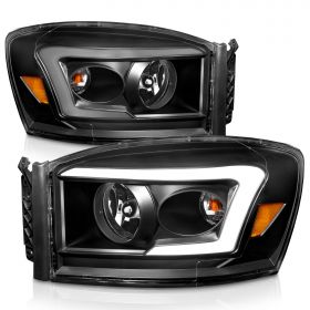 AmeriLite for RAM Truck 2006-2008 1500 | 06-09 2500 3500 LED Tube Light Bar Black Projector Headlights - Passenger and Driver Side