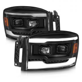 AmeriLite for 2006-2008 Ram 1500 2500 3500 Pickup Dual LED Tube Square Projector Black Replacement Headlights - Passenger and Driver Side