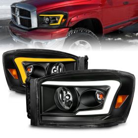 AmeriLite for 2006-2008 Ram Truck 1500 2500 3500 Switchback LED Tube Black Replacement Headlights - Passenger and Driver Side