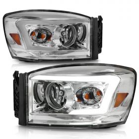 AmeriLite for RAM Truck 2006-2008 1500 | 06-09 2500 3500 LED Tube Light Bar Chrome Projector Headlights - Passenger and Driver Side