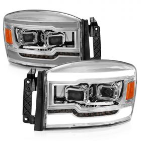AmeriLite for 2006-2008 Ram 1500 2500 3500 Pickup Dual LED Tube Square Projector Chrome Replacement Headlights - Passenger and Driver Side