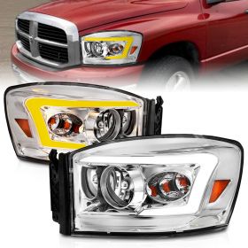 AmeriLite for 2006-2008 Ram Truck 1500 2500 3500 Switchback LED Tube Chrome Replacement Headlights - Passenger and Driver Side
