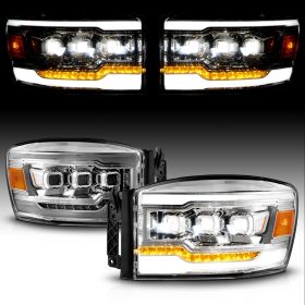 AmeriLite for 2006-2008 Dodge Ram 1500 2500 3500 Pickup [Full LED] Sequential Chrome Triple Square Projector Headlights - Passenger and Driver Side
