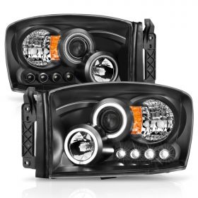 AmeriLite Black Projector LED Halo Replacement Headlights Set For Dodge RAM 1500 2500 3500 - Passenger and Driver Side
