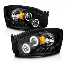 AmeriLite for 2006-2008 Dodge RAM 1500 | 06-09 Dodge RAM 2500 3500 Xtreme LED Halos Projector Black Replacement Headlights Set - Passenger and Driver Side