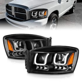 AmeriLite for 2006-2008 Dodge RAM 1500 | 06-09 Dodge RAM 2500 3500 Black LED U-Type Tube Projector Replacement Headlights Set - Passenger and Driver Side
