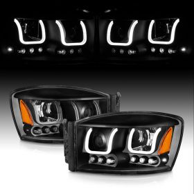 AmeriLite for 2006-2008 Dodge RAM 1500 | 06-09 Dodge RAM 2500 3500 Black LED U-Type Tube Projector Replacement Headlights Set - Passenger and Driver Side