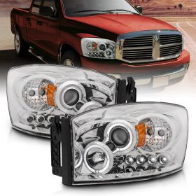 AmeriLite Chrome Projector Headlights LED Halo For Dodge Ram - Passenger and Driver Side