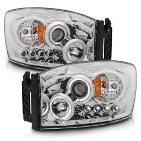 AmeriLite Chrome Projector Headlights LED Halo For Dodge Ram - Passenger and Driver Side