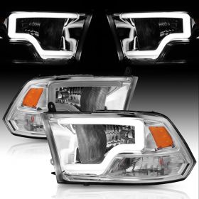 AmeriLite for 2009-2018 Dodge Ram 1500 2500 3500 Pickup LED Bar Replacement Chrome Headlights Set - Driver and Passenger Side