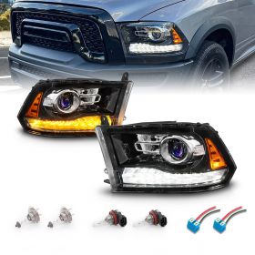 AmeriLite for 2009-2018 Dodge Ram 1500 2500 3500 Truck Switchback Sequential LED Tube Turn Signal Jet Black Projector Headlights Assembly Set - Passenger and Driver Side