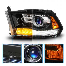 AmeriLite for 2009-2018 Dodge Ram 1500 2500 3500 Truck Switchback Sequential LED Tube Turn Signal Jet Black Projector Headlights Assembly Set - Passenger and Driver Side